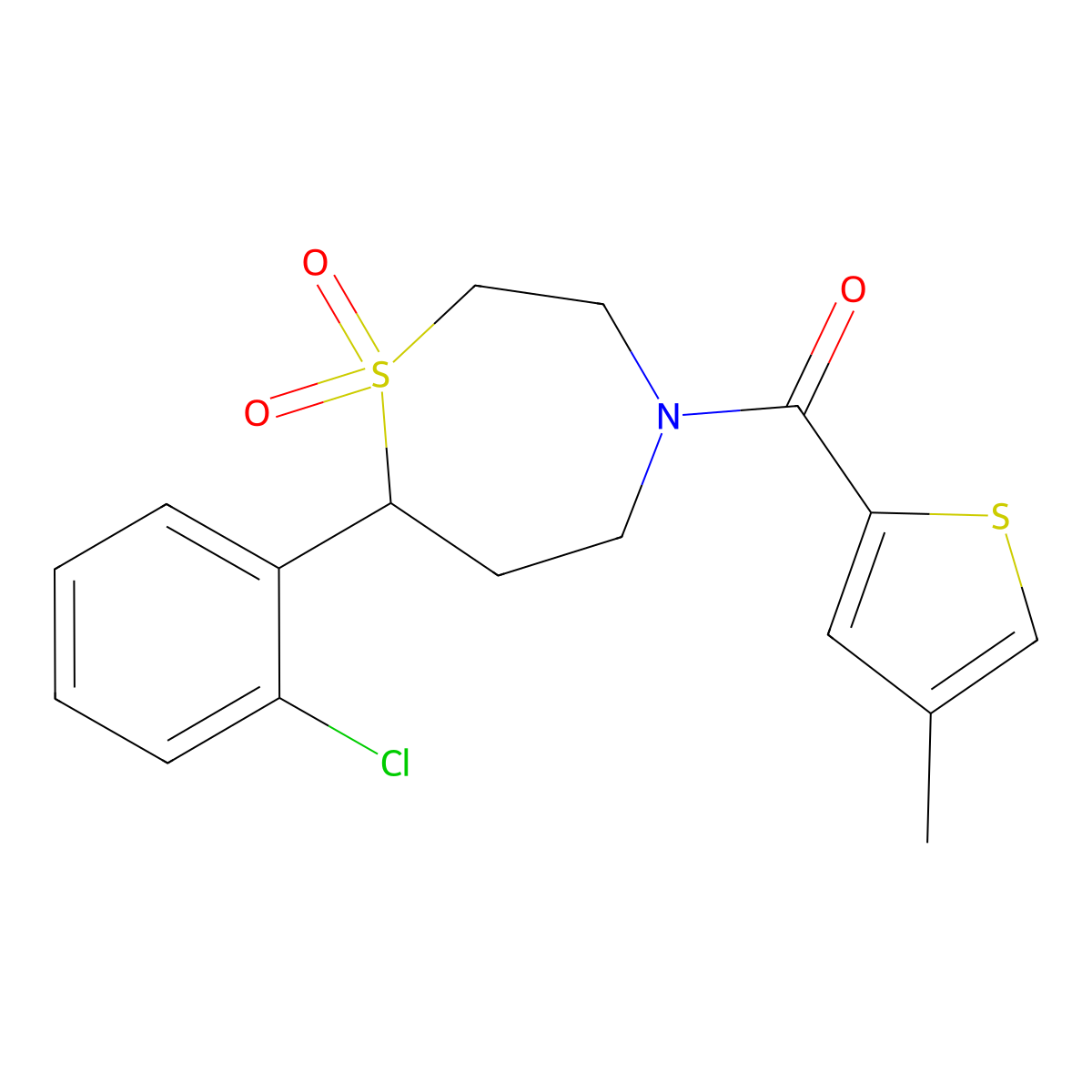 (7-(2-Chlorophenyl)-1,1-dioxido-1,4-thiazepan-4-yl)(4-methylthiophen-2-yl)methanone molecular structure, CAS 2034330-78-2