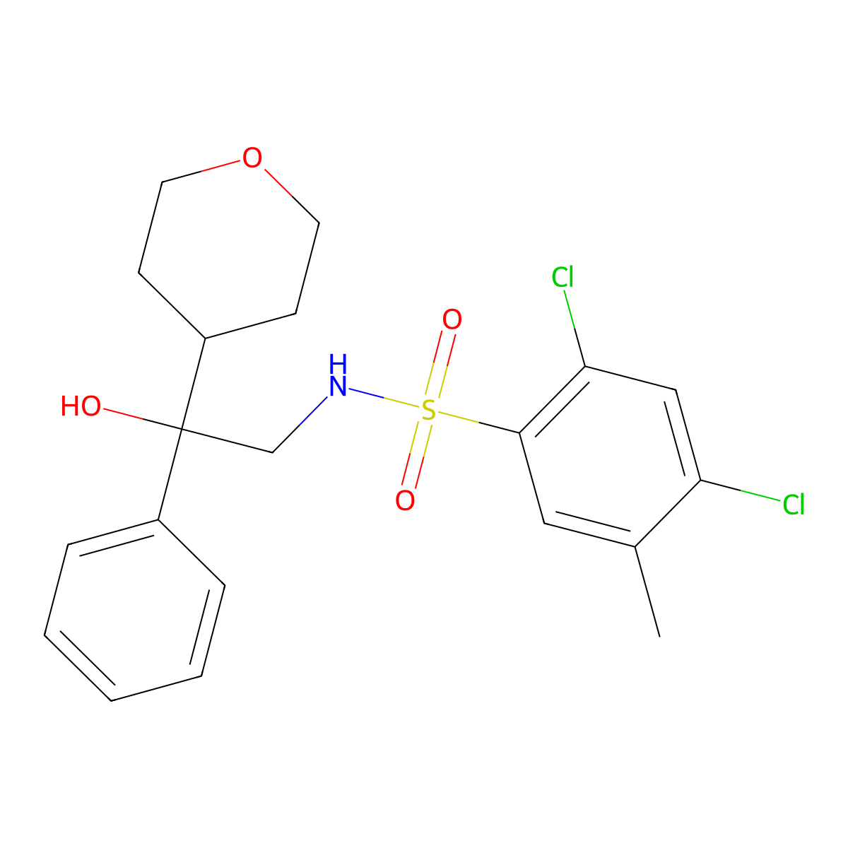 2,4-dichloro-N-(2-hydroxy-2-phenyl-2-(tetrahydro-2H-pyran-4-yl)ethyl)-5-methylbenzenesulfonamide molecular structure, CAS 2034330-84-0