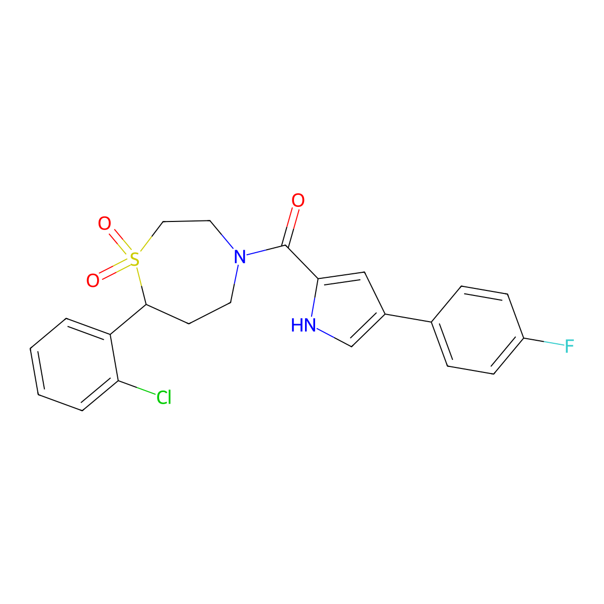 (7-(2-chlorophenyl)-1,1-dioxido-1,4-thiazepan-4-yl)(4-(4-fluorophenyl)-1H-pyrrol-2-yl)methanone molecular structure, CAS 2034330-86-2