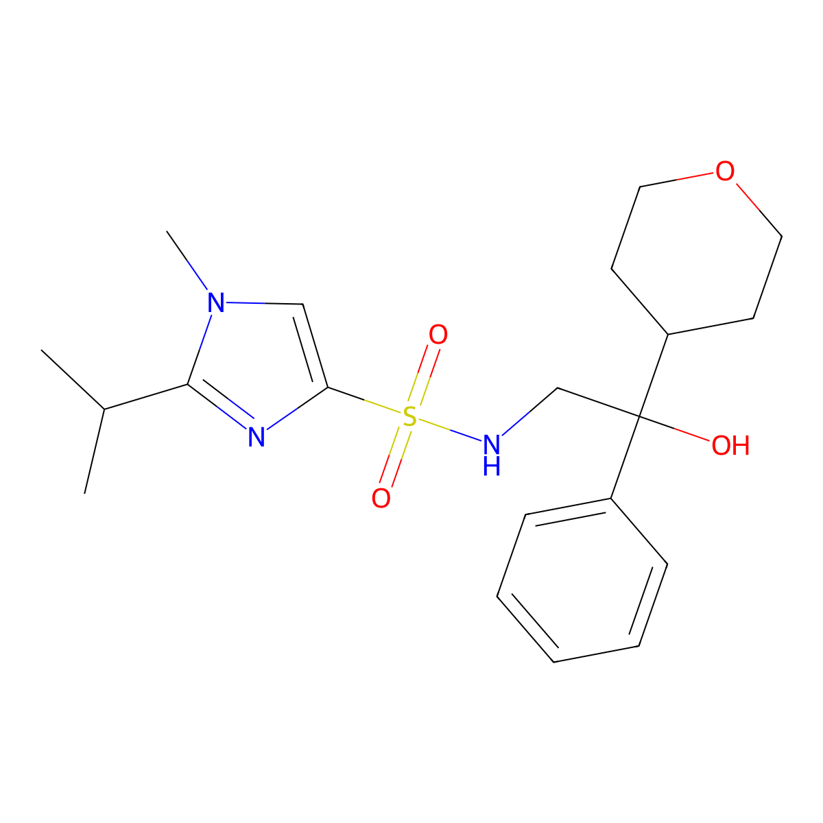 N-(2-hydroxy-2-phenyl-2-(tetrahydro-2H-pyran-4-yl)ethyl)-2-isopropyl-1-methyl-1H-imidazole-4-sulfonamide molecular structure, CAS 2034330-90-8