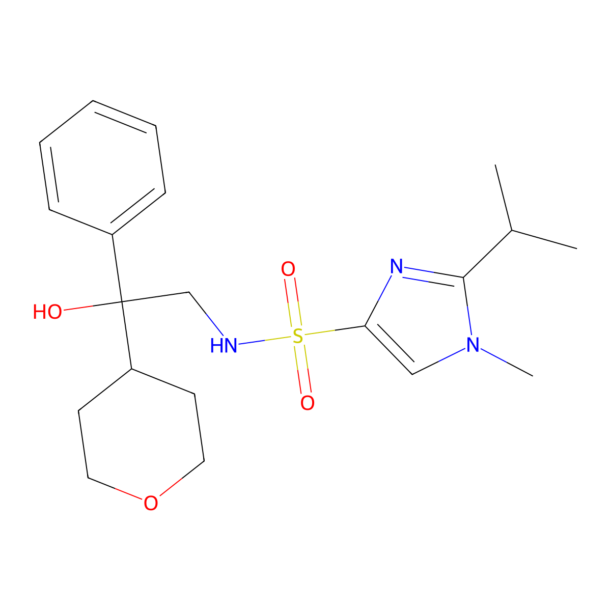 N-(2-hydroxy-2-phenyl-2-(tetrahydro-2H-pyran-4-yl)ethyl)-2-isopropyl-1-methyl-1H-imidazole-4-sulfonamide molecular structure, CAS 2034330-90-8