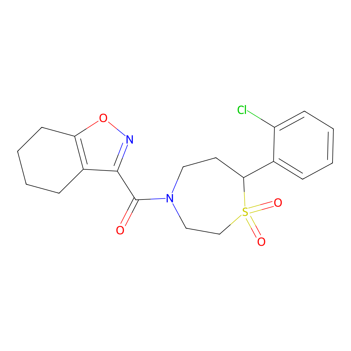 7-(2-Chlorophenyl)-4-(4,5,6,7-tetrahydro-1,2-benzoxazole-3-carbonyl)-1lambda6,4-thiazepane-1,1-dione molecular structure, CAS 2034330-97-5