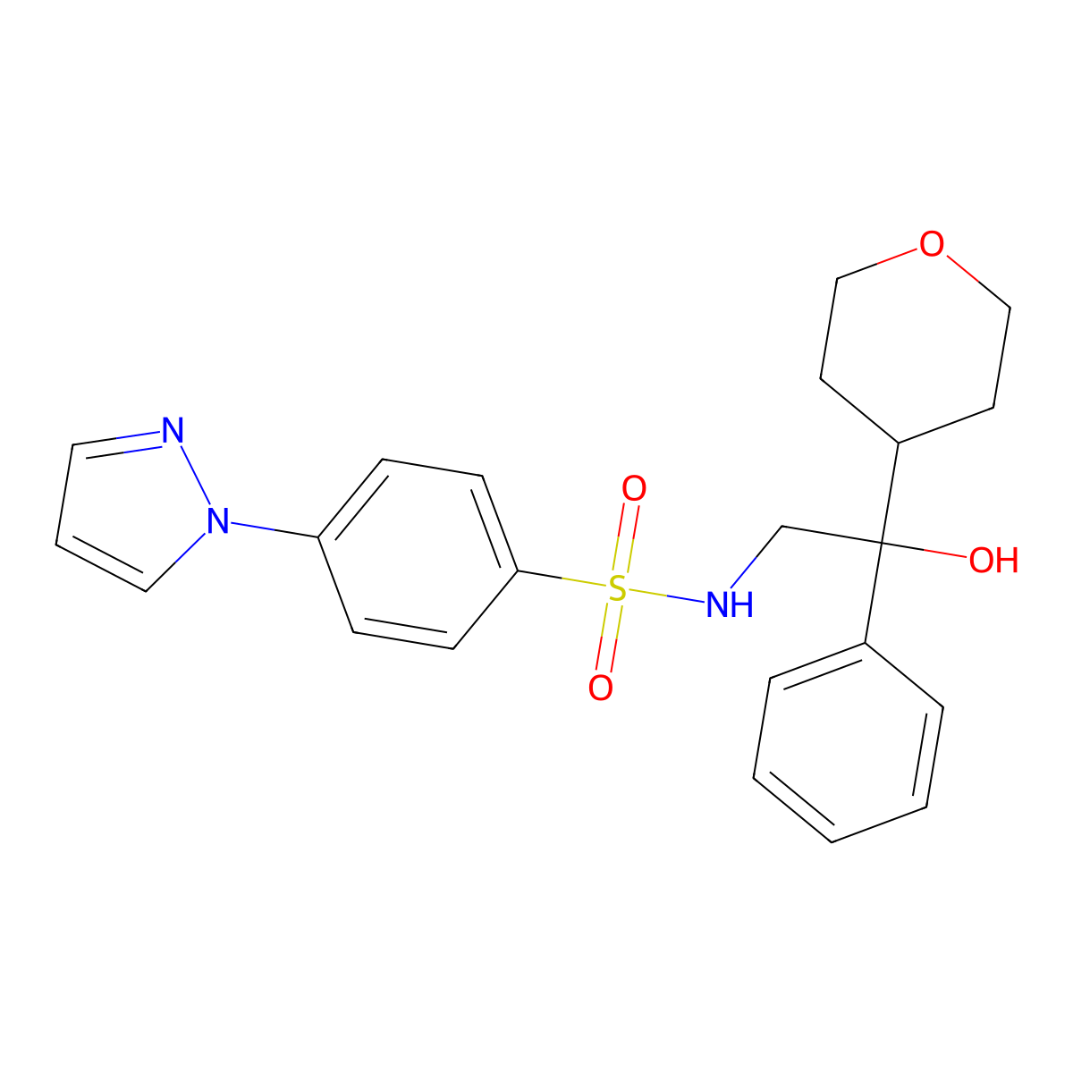 N-(2-hydroxy-2-phenyl-2-(tetrahydro-2H-pyran-4-yl)ethyl)-4-(1H-pyrazol-1-yl)benzenesulfonamide molecular structure, CAS 2034330-99-7