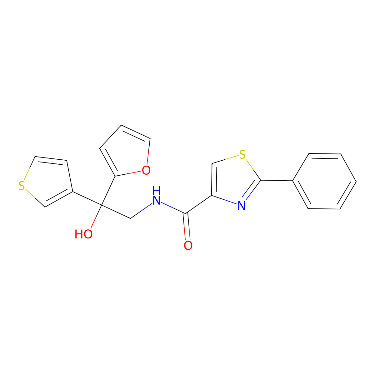 N-(2-(furan-2-yl)-2-hydroxy-2-(thiophen-3-yl)ethyl)-2-phenylthiazole-4-carboxamide molecular structure, CAS 2034331-03-6