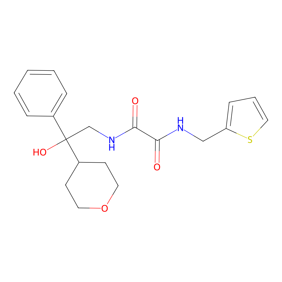 N1-(2-hydroxy-2-phenyl-2-(tetrahydro-2H-pyran-4-yl)ethyl)-N2-(thiophen-2-ylmethyl)oxalamide molecular structure, CAS 2034331-06-9
