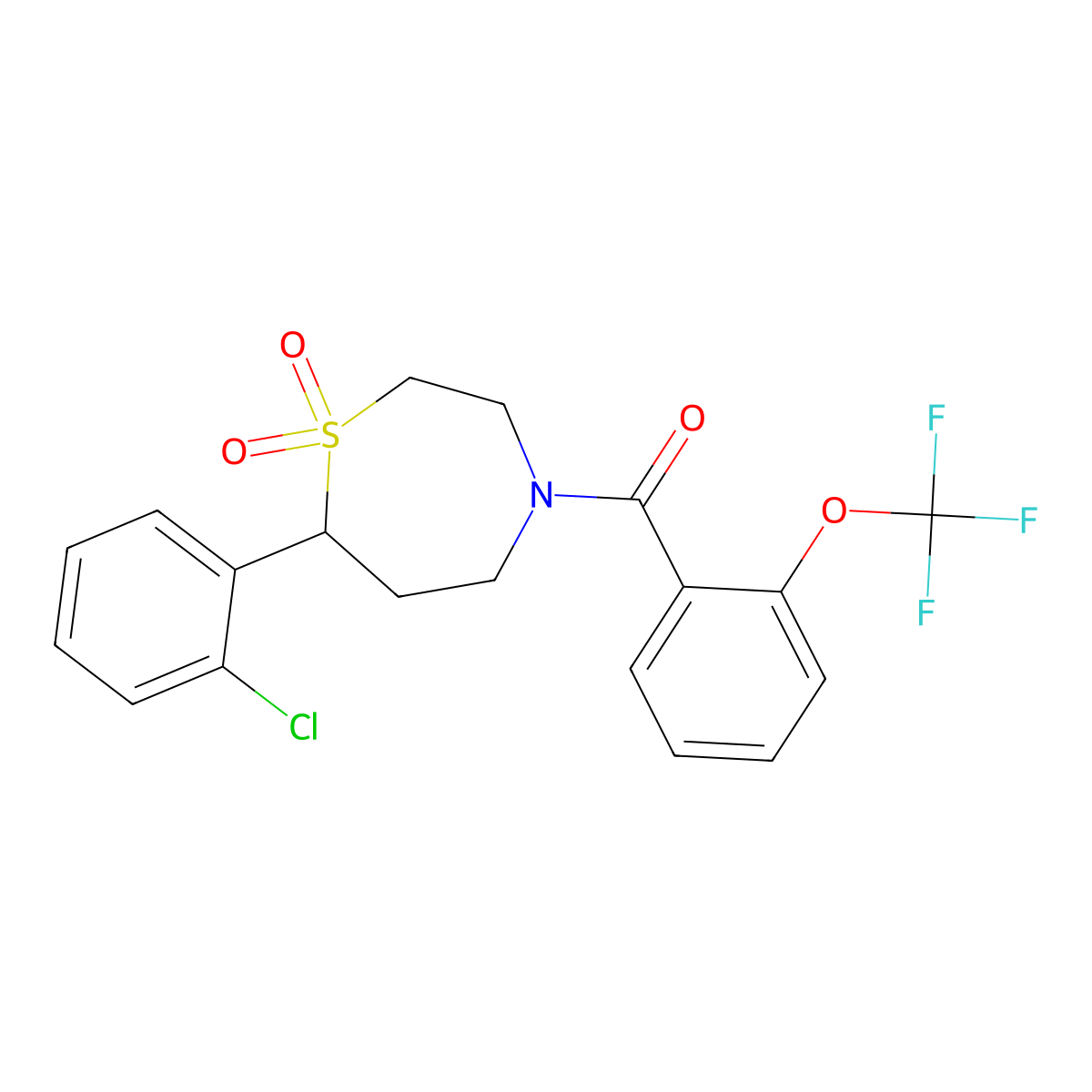 (7-(2-Chlorophenyl)-1,1-dioxido-1,4-thiazepan-4-yl)(2-(trifluoromethoxy)phenyl)methanone molecular structure, CAS 2034331-08-1