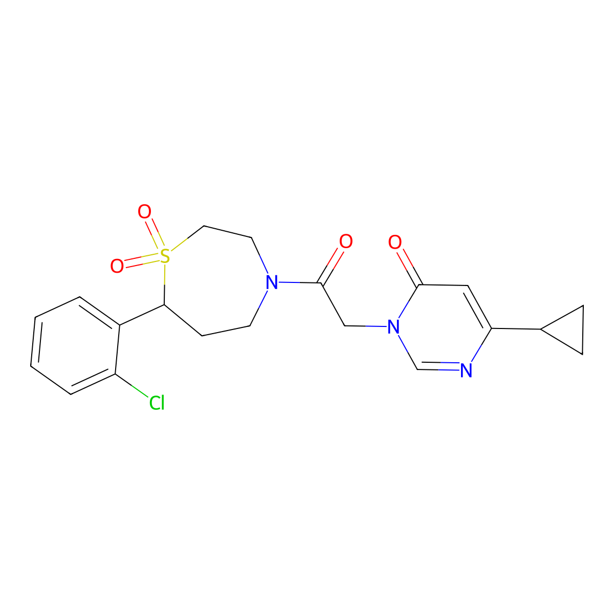 3-(2-(7-(2-chlorophenyl)-1,1-dioxido-1,4-thiazepan-4-yl)-2-oxoethyl)-6-cyclopropylpyrimidin-4(3H)-one molecular structure, CAS 2034331-18-3