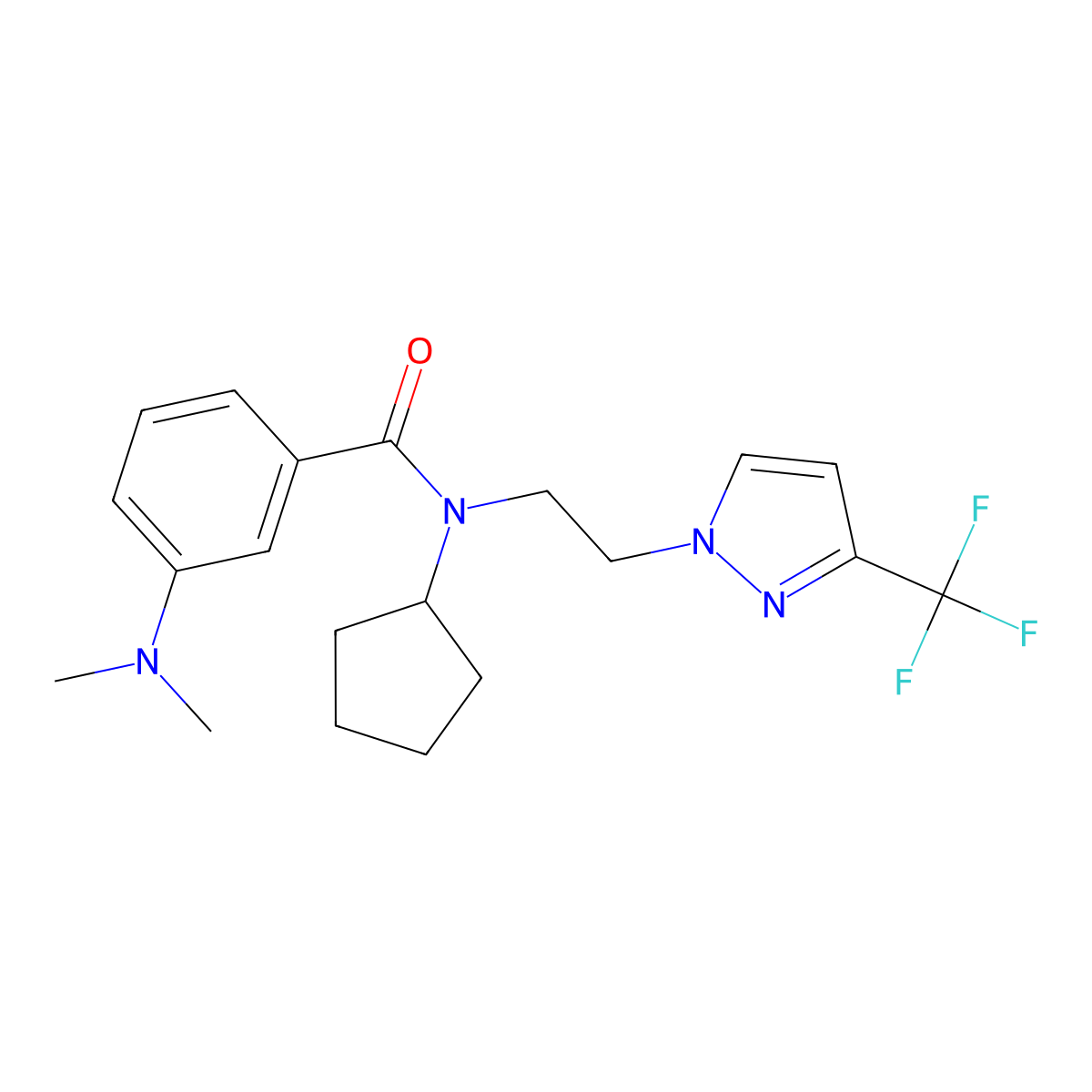 N-cyclopentyl-3-(dimethylamino)-N-{2-[3-(trifluoromethyl)-1H-pyrazol-1-yl]ethyl}benzamide molecular structure, CAS 2034331-22-9