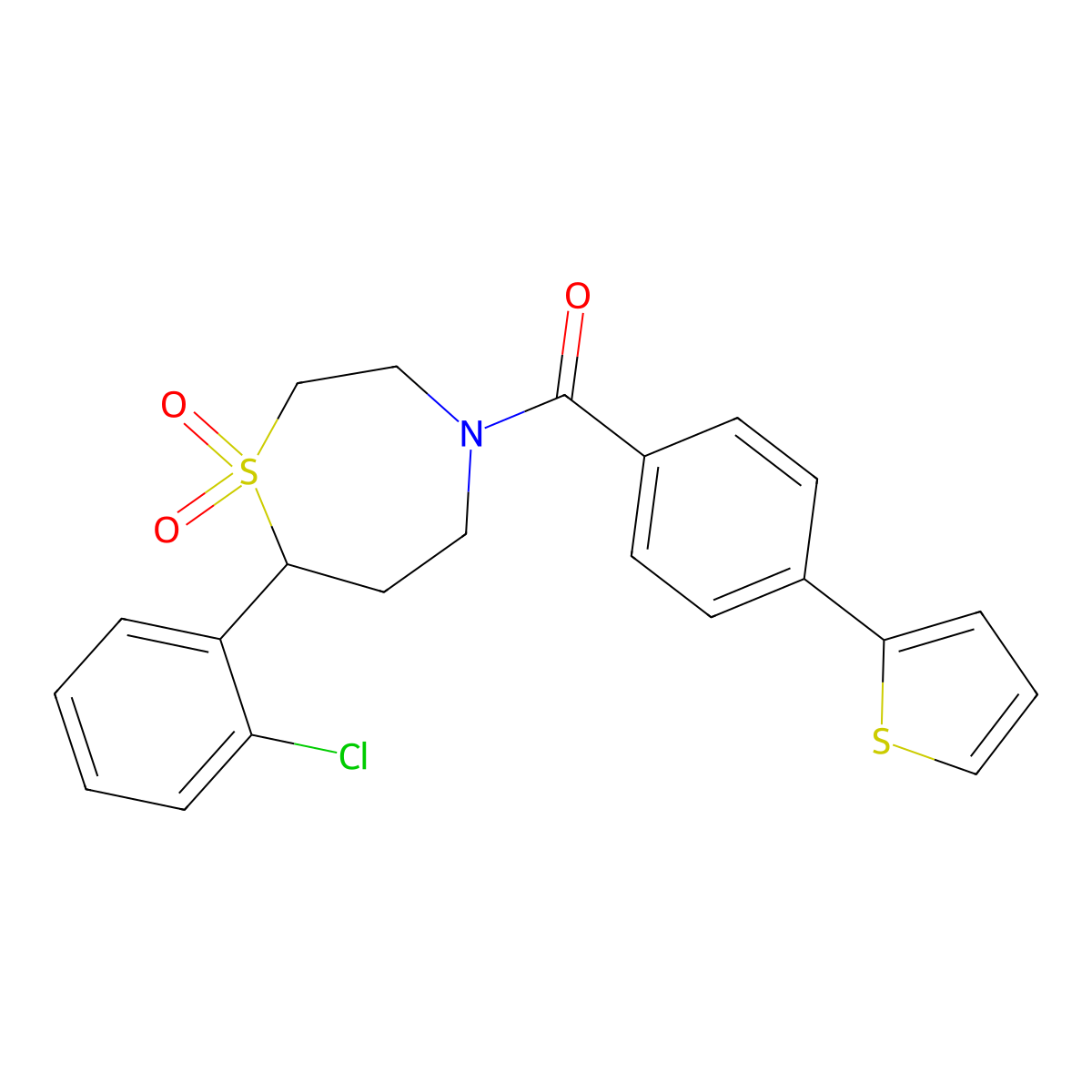 (7-(2-Chlorophenyl)-1,1-dioxido-1,4-thiazepan-4-yl)(4-(thiophen-2-yl)phenyl)methanone molecular structure, CAS 2034331-24-1