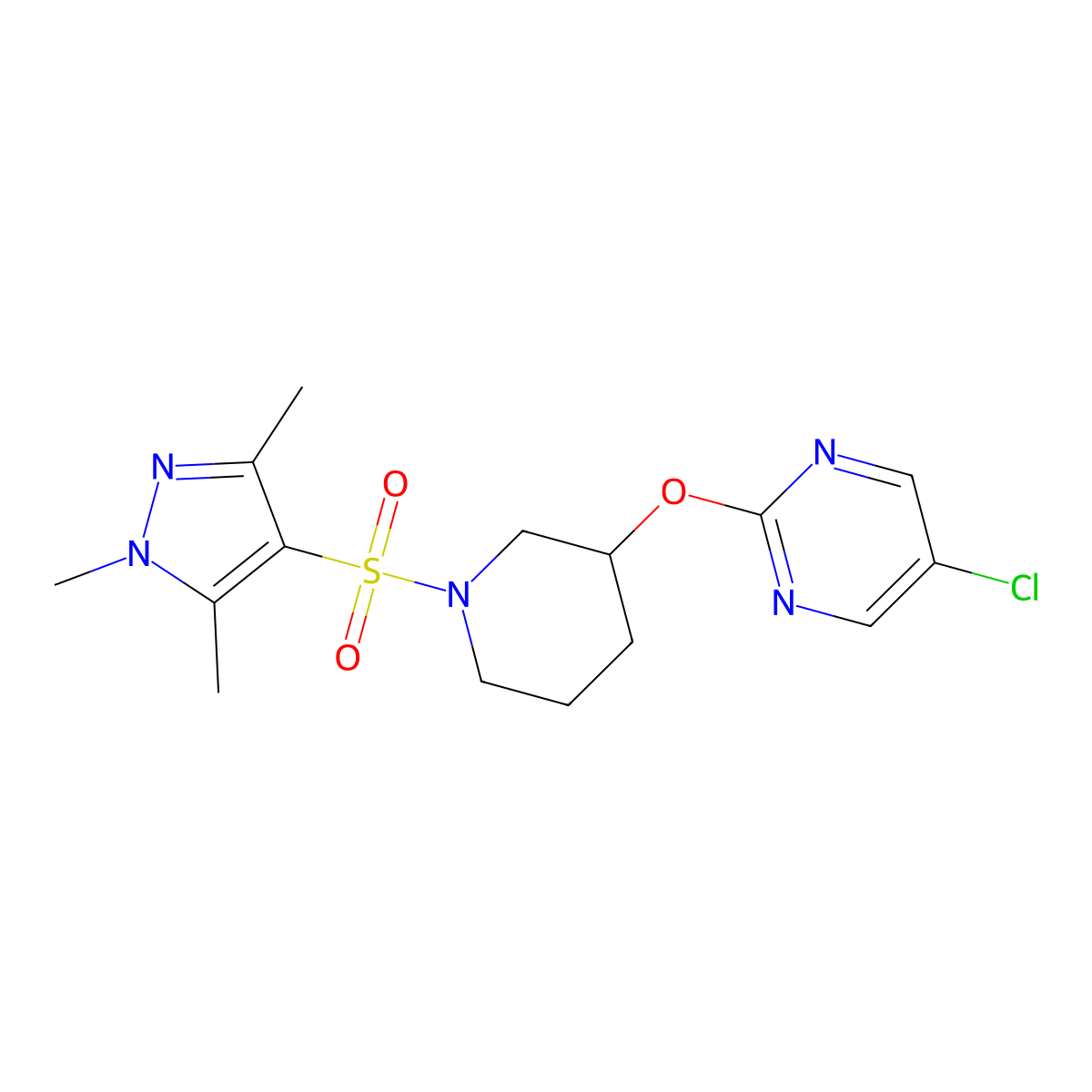5-chloro-2-((1-((1,3,5-trimethyl-1H-pyrazol-4-yl)sulfonyl)piperidin-3-yl)oxy)pyrimidine molecular structure, CAS 2034331-27-4