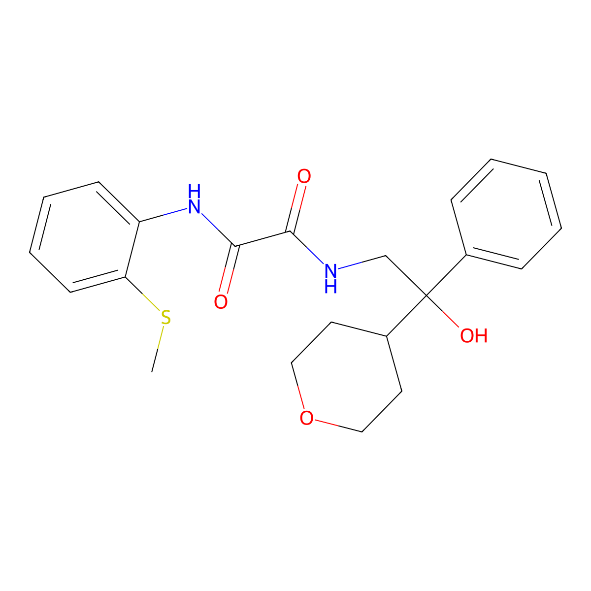 N1-(2-hydroxy-2-phenyl-2-(tetrahydro-2H-pyran-4-yl)ethyl)-N2-(2-(methylthio)phenyl)oxalamide molecular structure, CAS 2034331-28-5