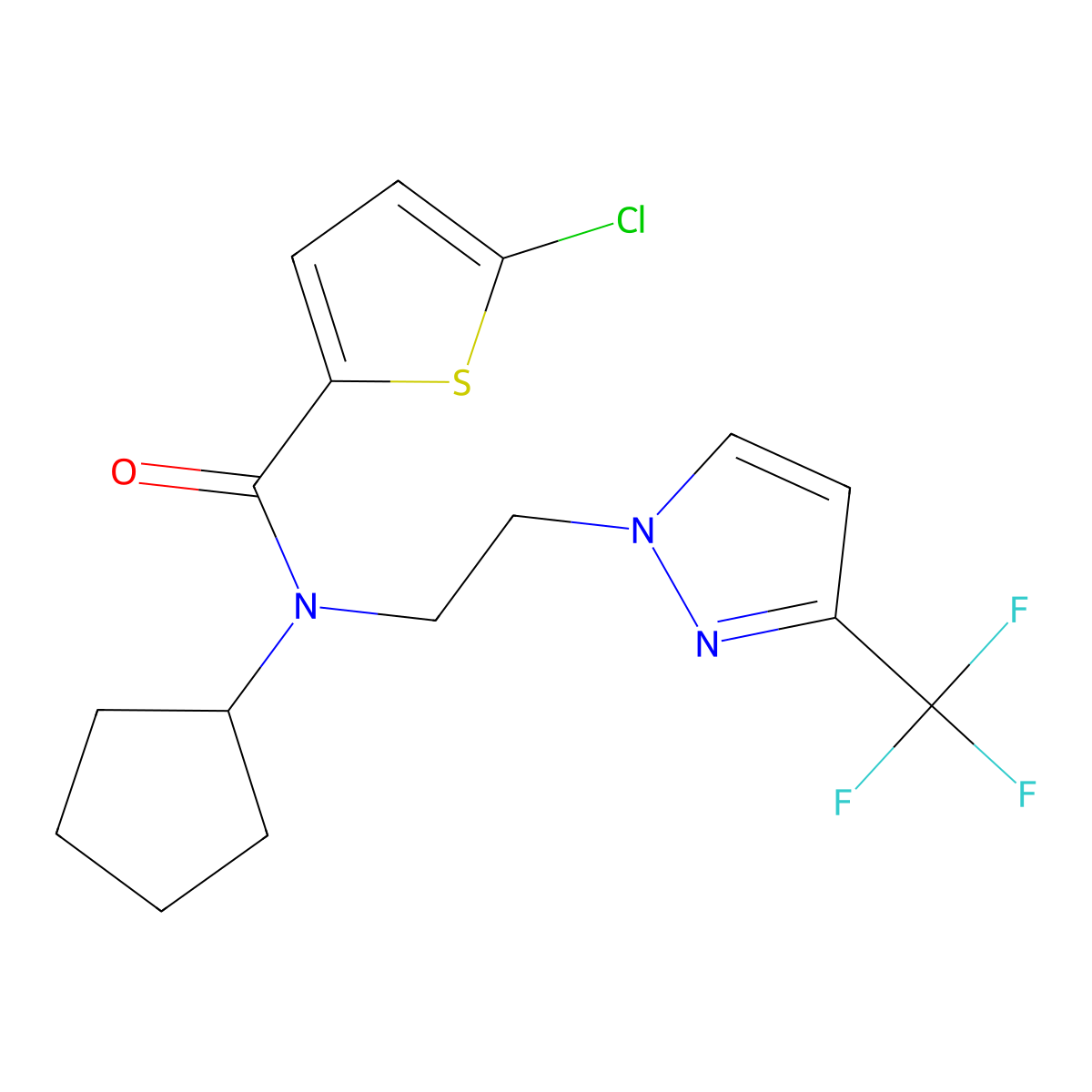 5-chloro-N-cyclopentyl-N-{2-[3-(trifluoromethyl)-1H-pyrazol-1-yl]ethyl}thiophene-2-carboxamide molecular structure, CAS 2034331-29-6