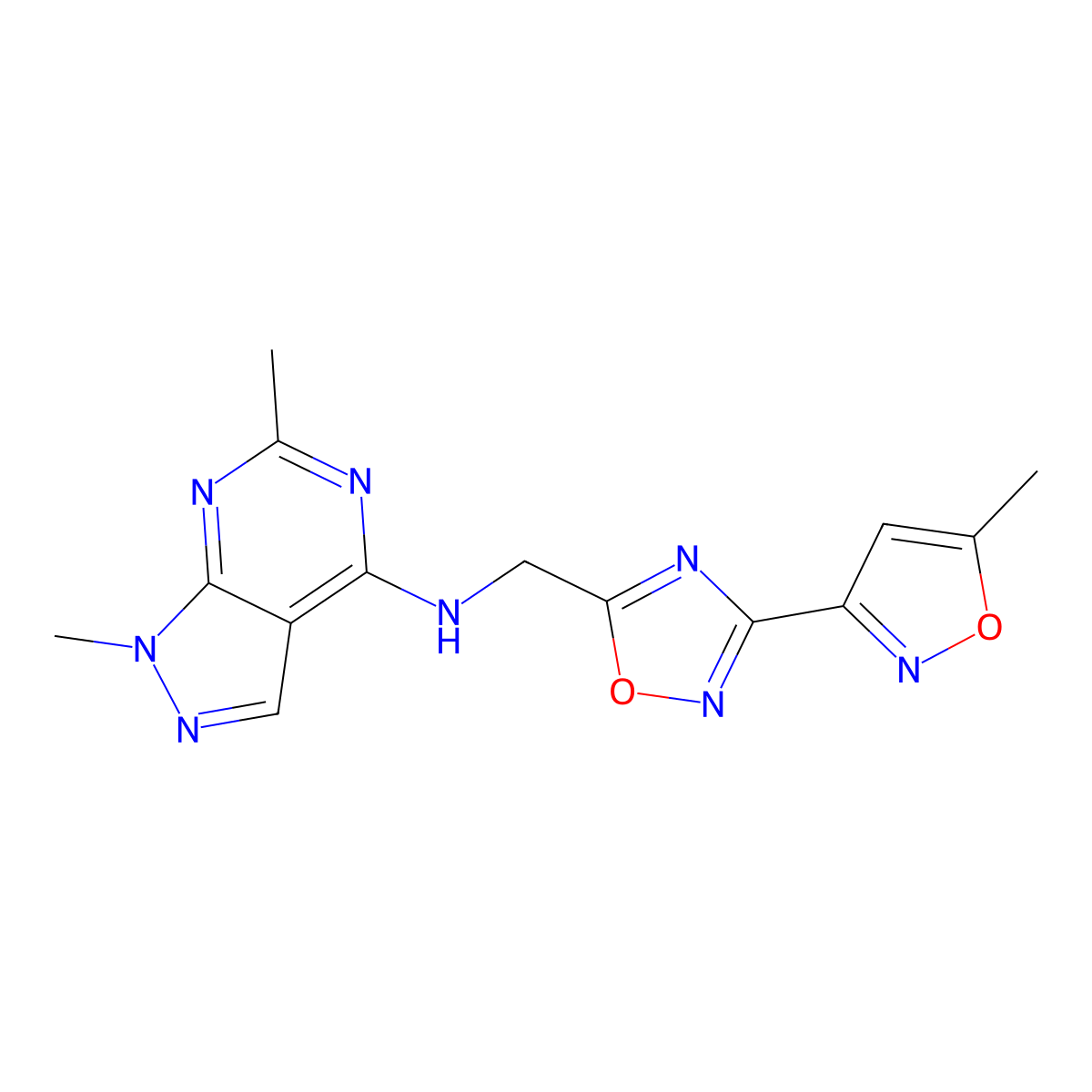 1,6-dimethyl-N-((3-(5-methylisoxazol-3-yl)-1,2,4-oxadiazol-5-yl)methyl)-1H-pyrazolo[3,4-d]pyrimidin-4-amine molecular structure, CAS 2034331-30-9