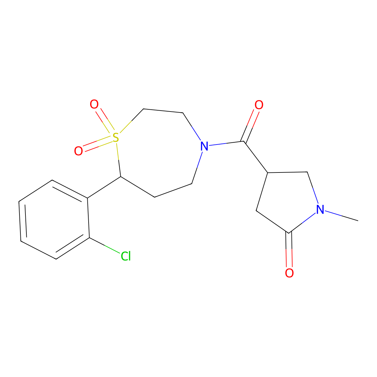 4-(7-(2-Chlorophenyl)-1,1-dioxido-1,4-thiazepane-4-carbonyl)-1-methylpyrrolidin-2-one molecular structure, CAS 2034331-32-1