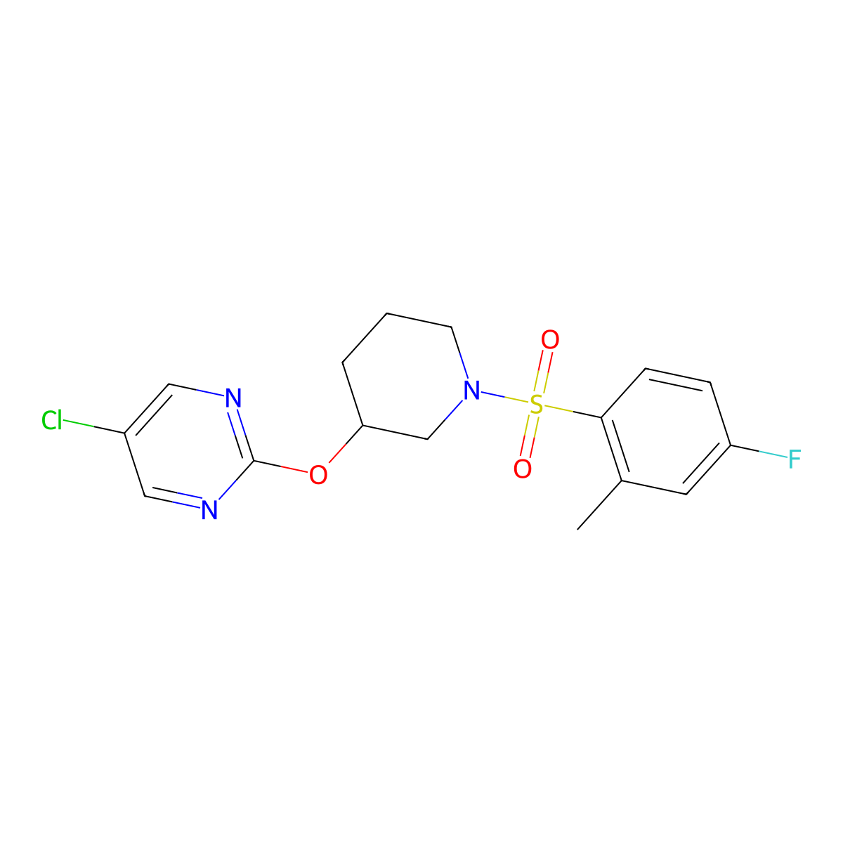 5-Chloro-2-((1-((4-fluoro-2-methylphenyl)sulfonyl)piperidin-3-yl)oxy)pyrimidine molecular structure, CAS 2034331-35-4