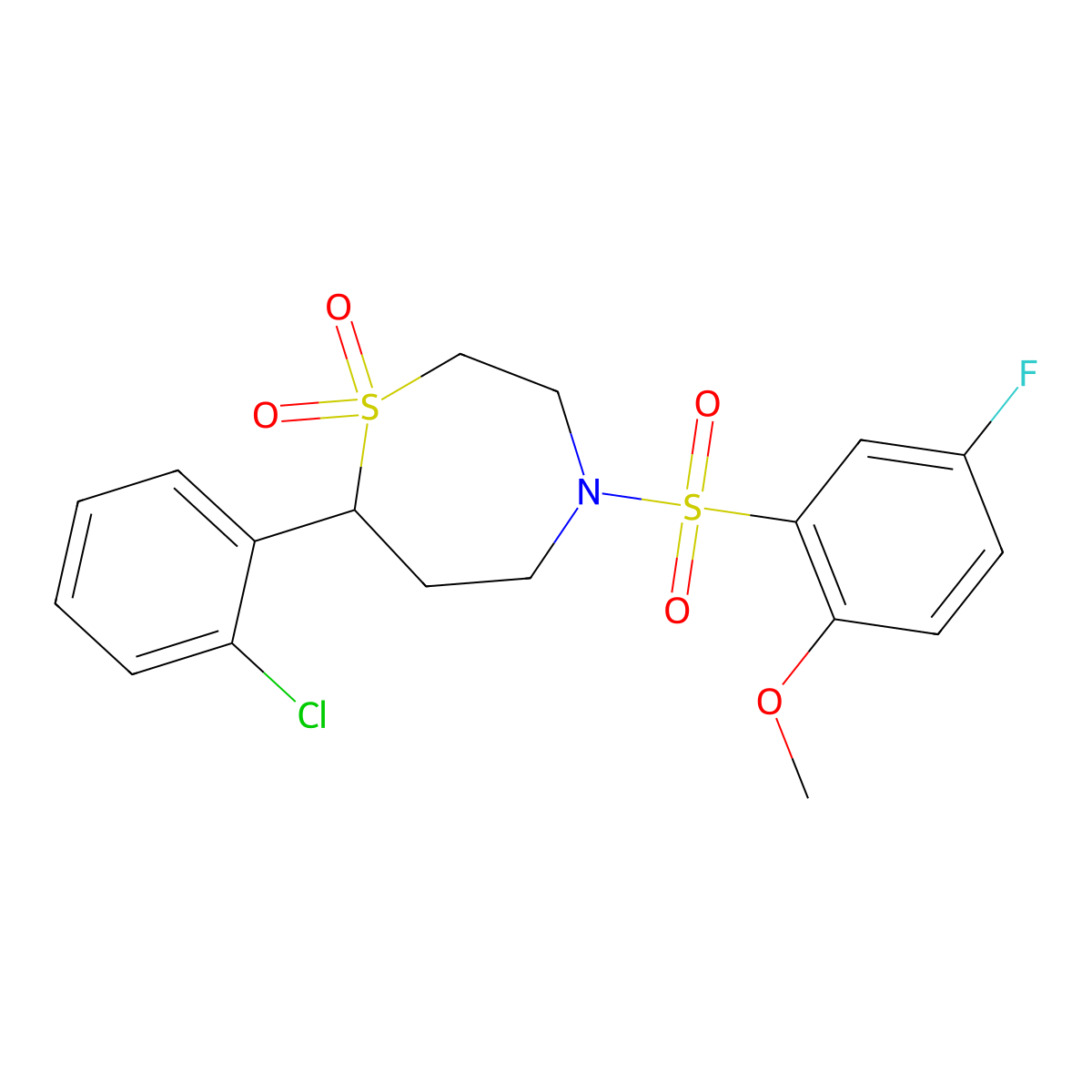 7-(2-Chlorophenyl)-4-((5-fluoro-2-methoxyphenyl)sulfonyl)-1,4-thiazepane 1,1-dioxide molecular structure, CAS 2034331-48-9