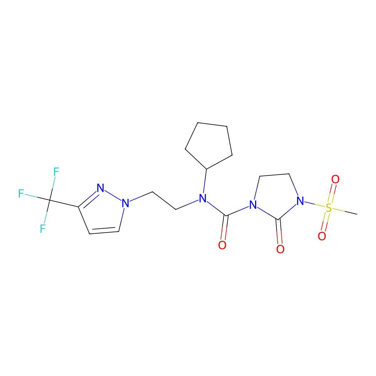 N-cyclopentyl-3-(methylsulfonyl)-2-oxo-N-(2-(3-(trifluoromethyl)-1H-pyrazol-1-yl)ethyl)imidazolidine-1-carboxamide molecular structure, CAS 2034331-50-3