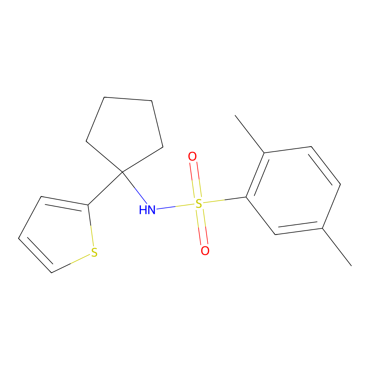 2,5-dimethyl-N-(1-(thiophen-2-yl)cyclopentyl)benzenesulfonamide molecular structure, CAS 2034331-57-0