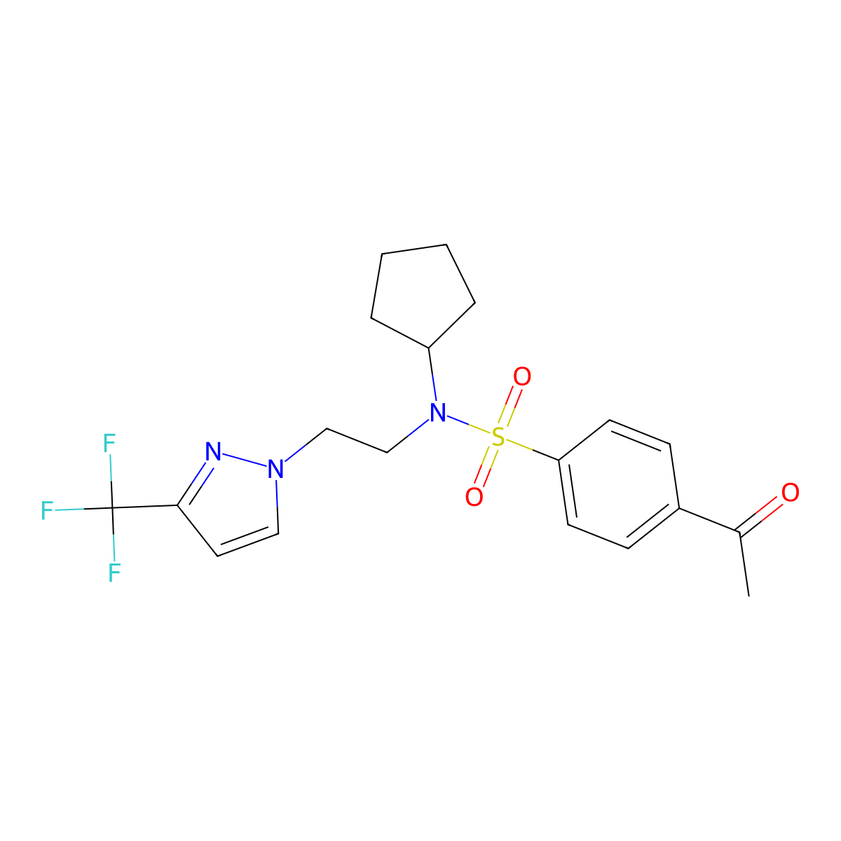 4-acetyl-N-cyclopentyl-N-(2-(3-(trifluoromethyl)-1H-pyrazol-1-yl)ethyl)benzenesulfonamide molecular structure, CAS 2034331-59-2