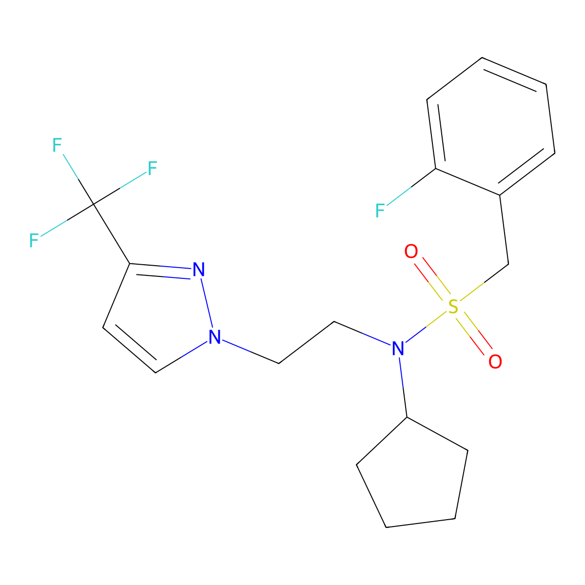 N-cyclopentyl-1-(2-fluorophenyl)-N-(2-(3-(trifluoromethyl)-1H-pyrazol-1-yl)ethyl)methanesulfonamide molecular structure, CAS 2034331-68-3
