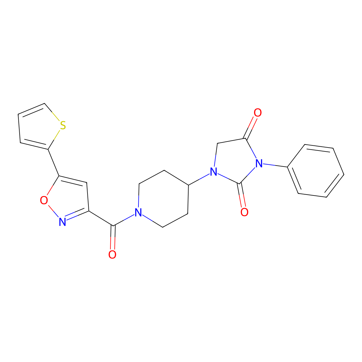 3-Phenyl-1-(1-(5-(thiophen-2-yl)isoxazole-3-carbonyl)piperidin-4-yl)imidazolidine-2,4-dione molecular structure, CAS 2034331-78-5