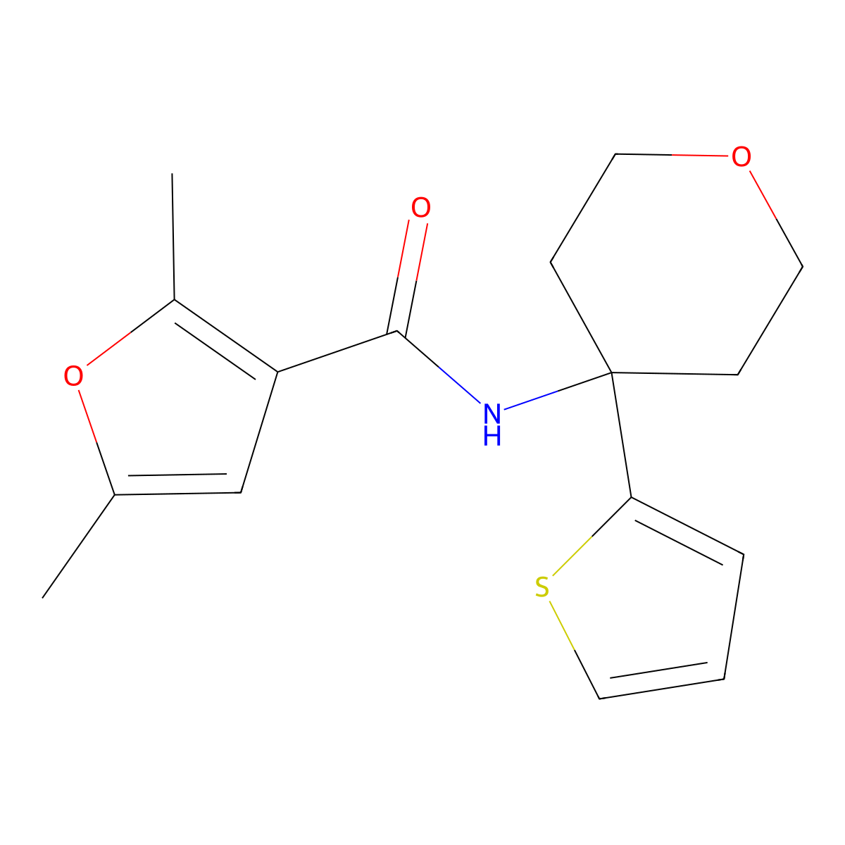 2,5-dimethyl-N-(4-(thiophen-2-yl)tetrahydro-2H-pyran-4-yl)furan-3-carboxamide molecular structure, CAS 2034331-94-5