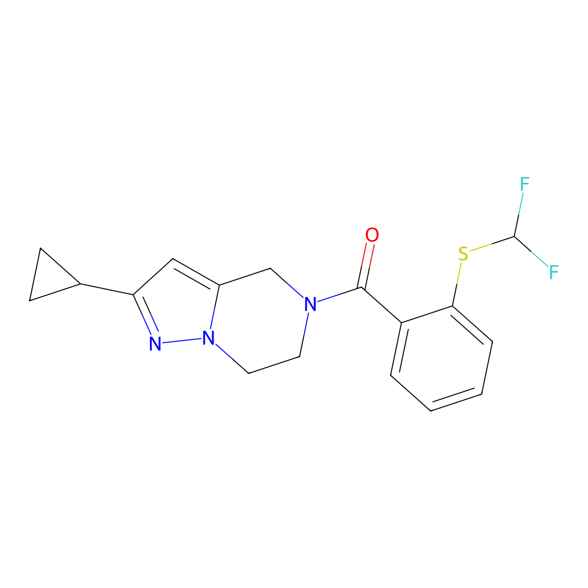 (2-cyclopropyl-6,7-dihydropyrazolo[1,5-a]pyrazin-5(4H)-yl)(2-((difluoromethyl)thio)phenyl)methanone molecular structure, CAS 2034332-03-9