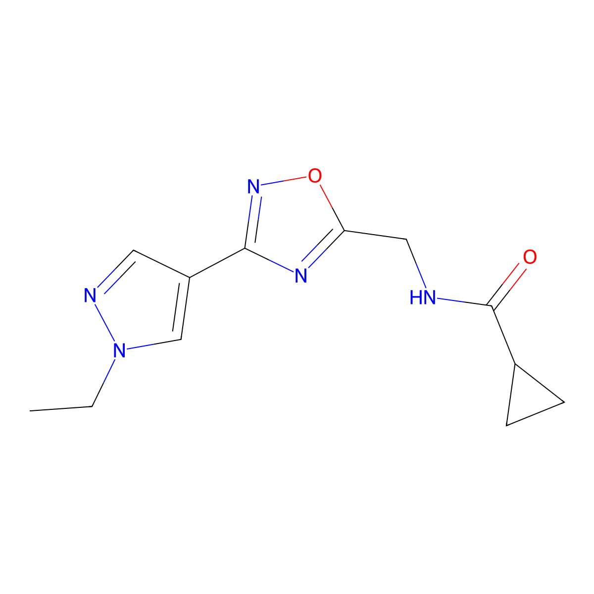 N-{[3-(1-ethyl-1H-pyrazol-4-yl)-1,2,4-oxadiazol-5-yl]methyl}cyclopropanecarboxamide molecular structure, CAS 2034332-04-0