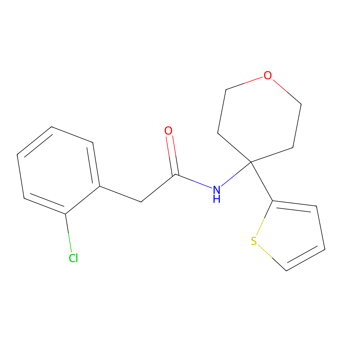 2-(2-chlorophenyl)-N-(4-(thiophen-2-yl)tetrahydro-2H-pyran-4-yl)acetamide molecular structure, CAS 2034332-12-0