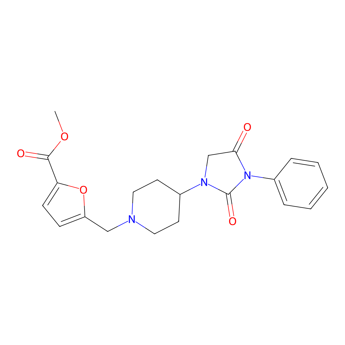 Methyl 5-((4-(2,4-dioxo-3-phenylimidazolidin-1-yl)piperidin-1-yl)methyl)furan-2-carboxylate molecular structure, CAS 2034332-16-4