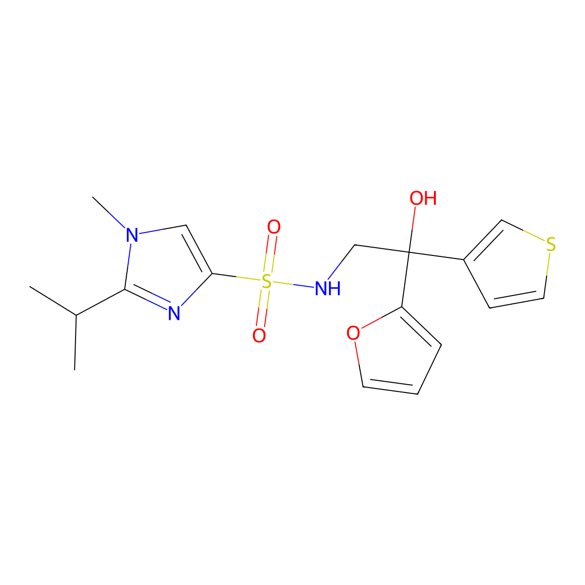 N-(2-(furan-2-yl)-2-hydroxy-2-(thiophen-3-yl)ethyl)-2-isopropyl-1-methyl-1H-imidazole-4-sulfonamide molecular structure, CAS 2034332-18-6