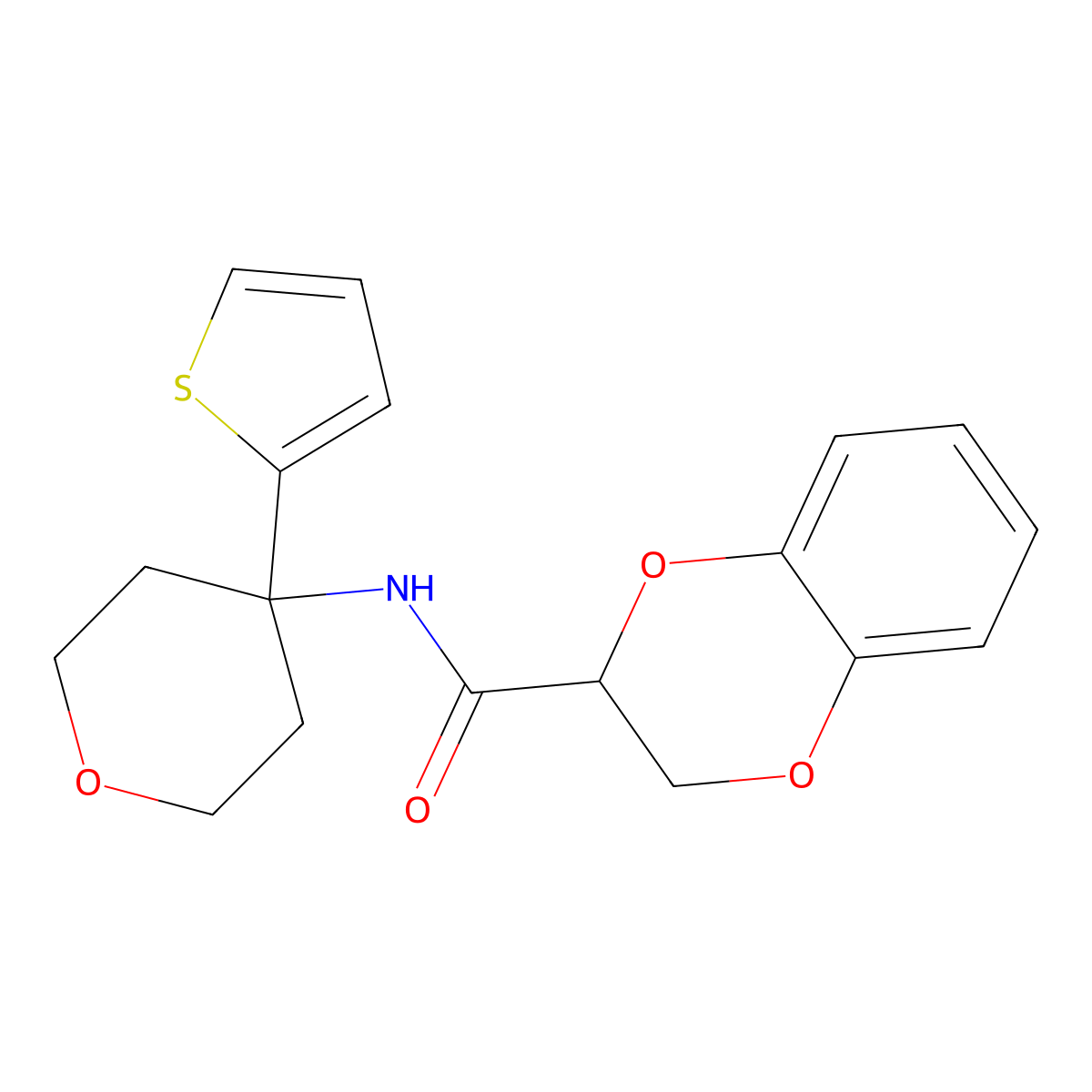 N-(4-(thiophen-2-yl)tetrahydro-2H-pyran-4-yl)-2,3-dihydrobenzo[b][1,4]dioxine-2-carboxamide molecular structure, CAS 2034332-21-1