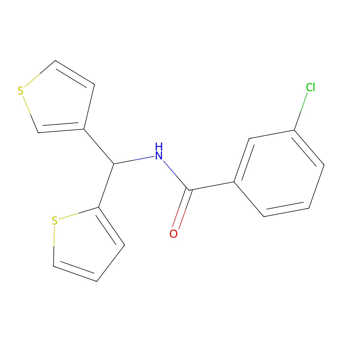 3-chloro-N-(thiophen-2-yl(thiophen-3-yl)methyl)benzamide molecular structure, CAS 2034332-25-5