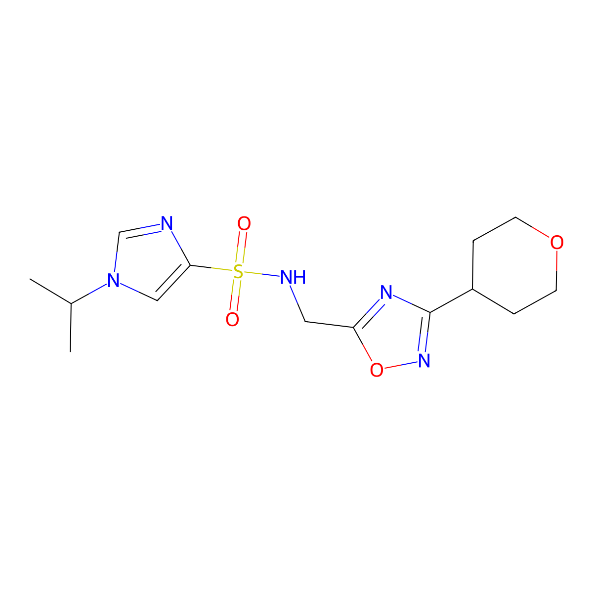 1-isopropyl-N-((3-(tetrahydro-2H-pyran-4-yl)-1,2,4-oxadiazol-5-yl)methyl)-1H-imidazole-4-sulfonamide molecular structure, CAS 2034332-27-7