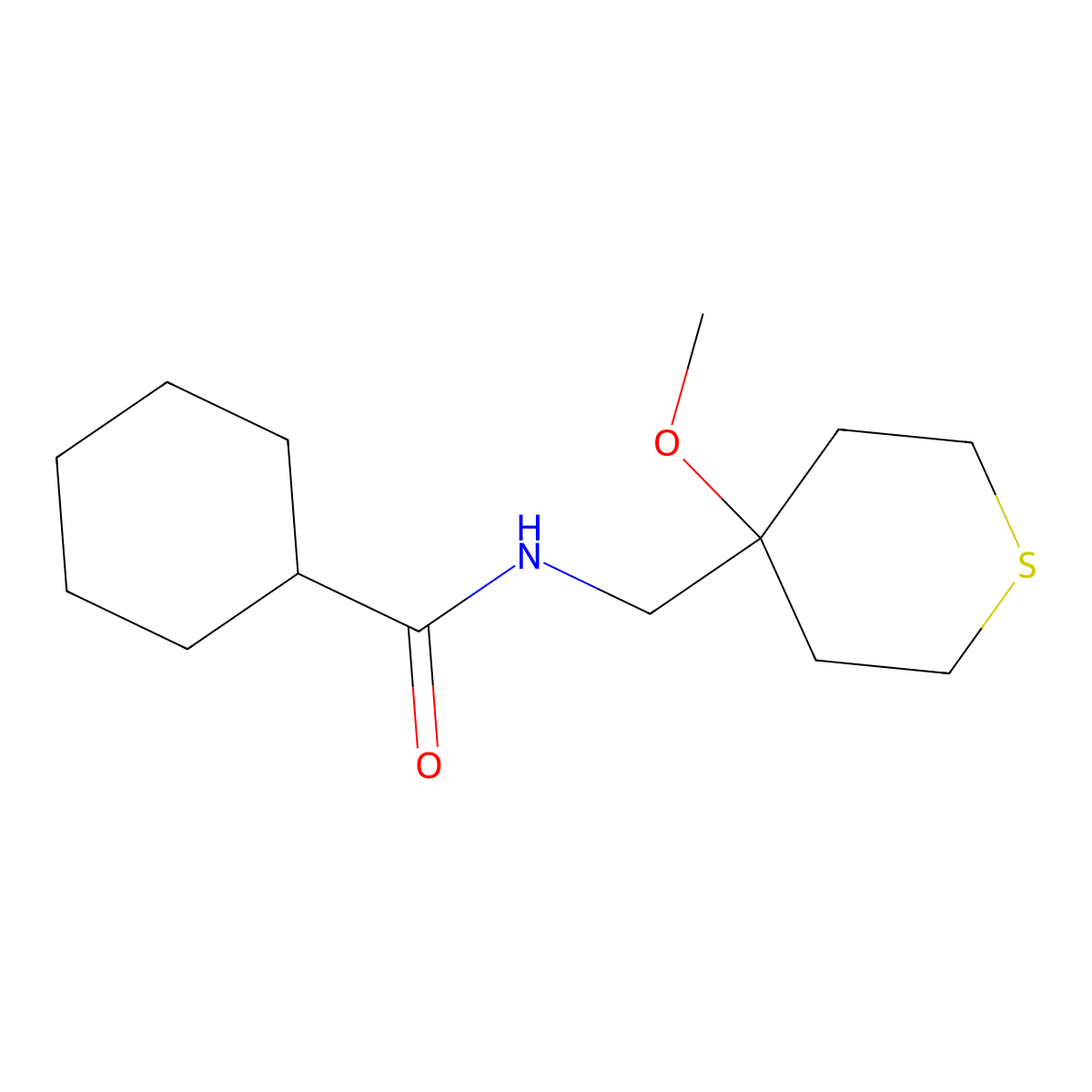 N-((4-methoxytetrahydro-2H-thiopyran-4-yl)methyl)cyclohexanecarboxamide molecular structure, CAS 2034332-48-2