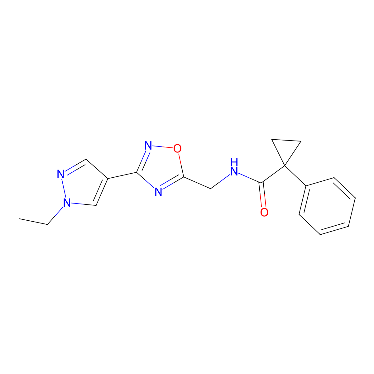 N-((3-(1-ethyl-1H-pyrazol-4-yl)-1,2,4-oxadiazol-5-yl)methyl)-1-phenylcyclopropanecarboxamide molecular structure, CAS 2034332-50-6
