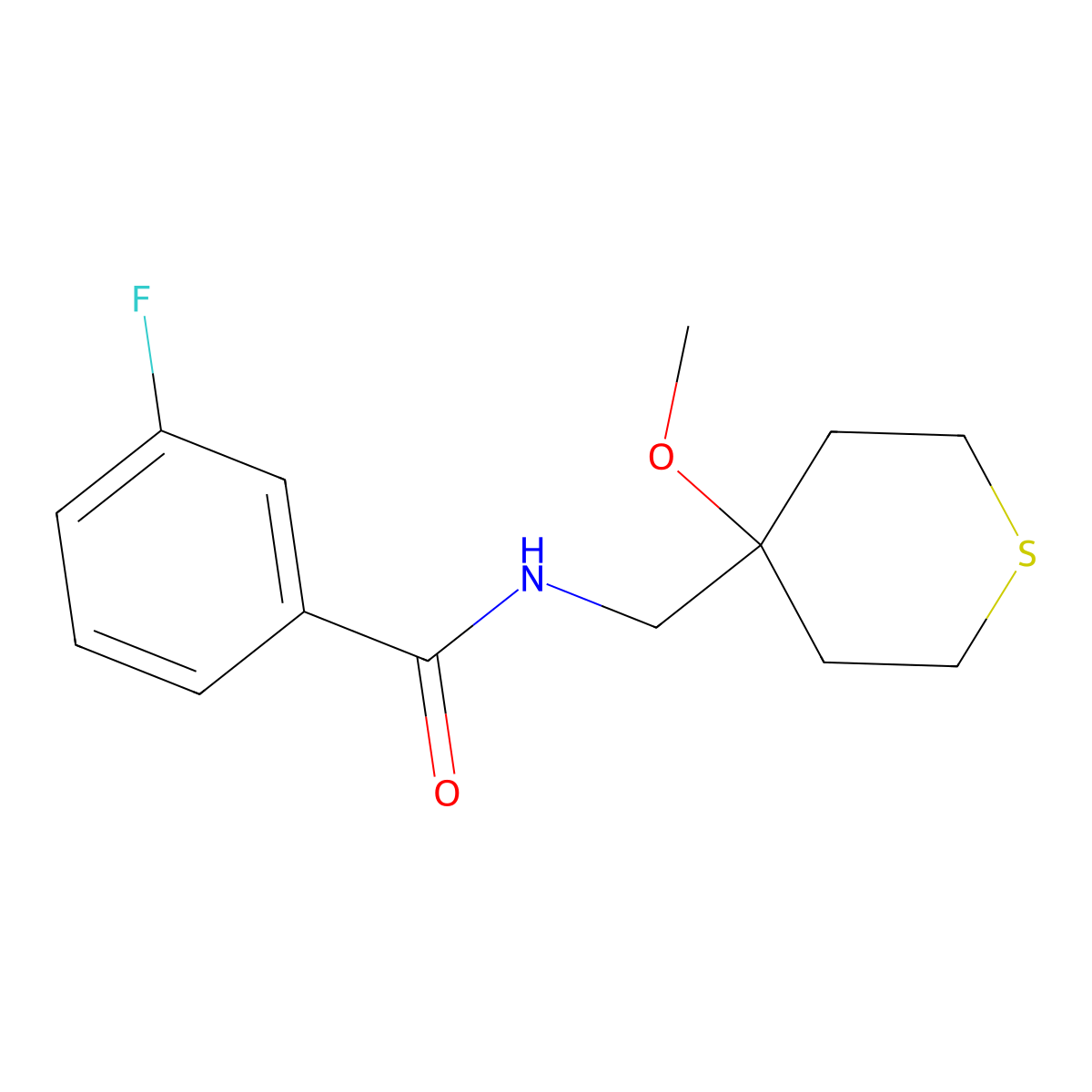 3-fluoro-N-((4-methoxytetrahydro-2H-thiopyran-4-yl)methyl)benzamide molecular structure, CAS 2034332-56-2