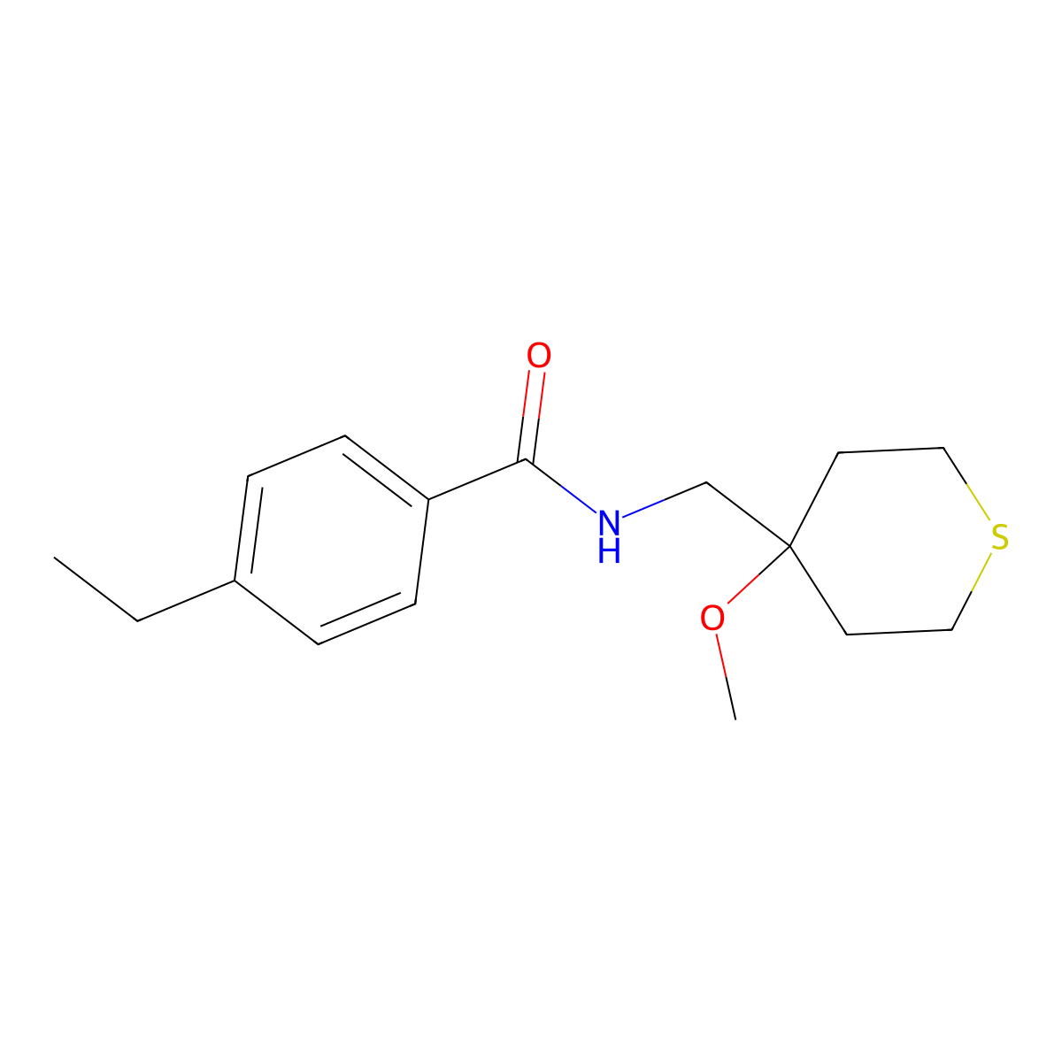 4-ethyl-N-((4-methoxytetrahydro-2H-thiopyran-4-yl)methyl)benzamide molecular structure, CAS 2034332-60-8