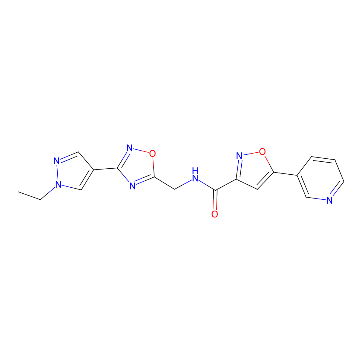 N-((3-(1-ethyl-1H-pyrazol-4-yl)-1,2,4-oxadiazol-5-yl)methyl)-5-(pyridin-3-yl)isoxazole-3-carboxamide molecular structure, CAS 2034332-65-3