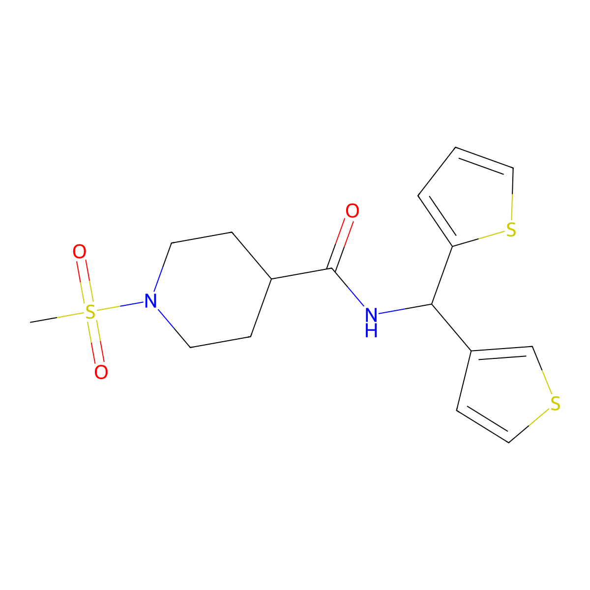 1-(methylsulfonyl)-N-(thiophen-2-yl(thiophen-3-yl)methyl)piperidine-4-carboxamide molecular structure, CAS 2034332-68-6
