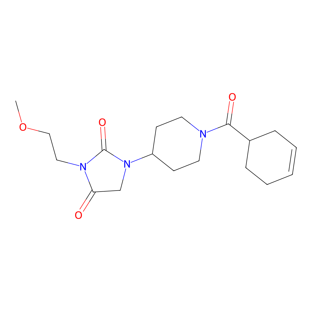 1-(1-(Cyclohex-3-enecarbonyl)piperidin-4-yl)-3-(2-methoxyethyl)imidazolidine-2,4-dione molecular structure, CAS 2034332-72-2