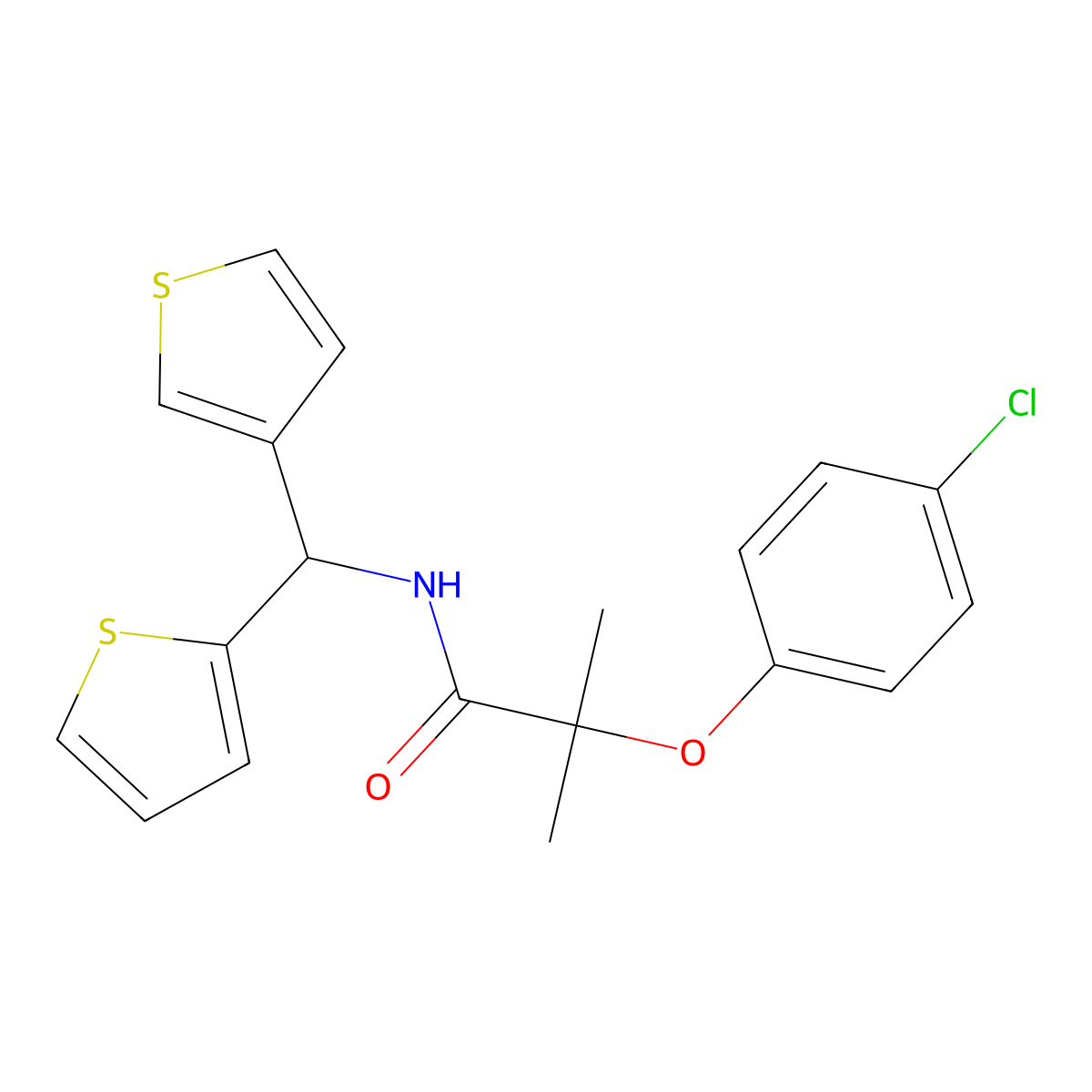 2-(4-chlorophenoxy)-2-methyl-N-(thiophen-2-yl(thiophen-3-yl)methyl)propanamide molecular structure, CAS 2034332-74-4