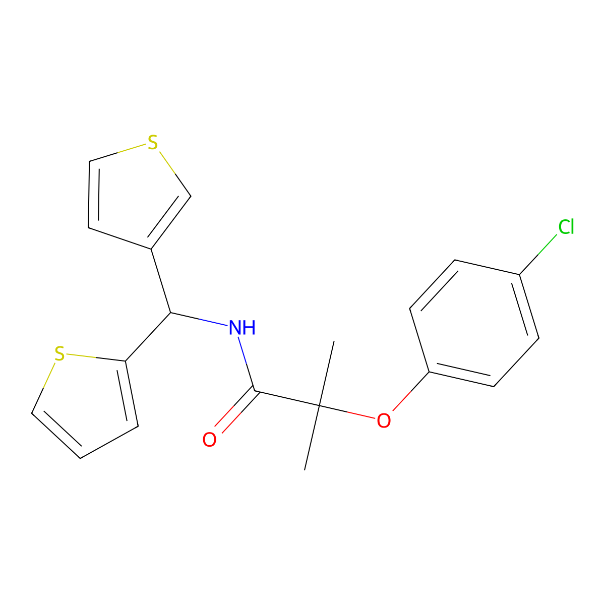 2-(4-chlorophenoxy)-2-methyl-N-(thiophen-2-yl(thiophen-3-yl)methyl)propanamide molecular structure, CAS 2034332-74-4