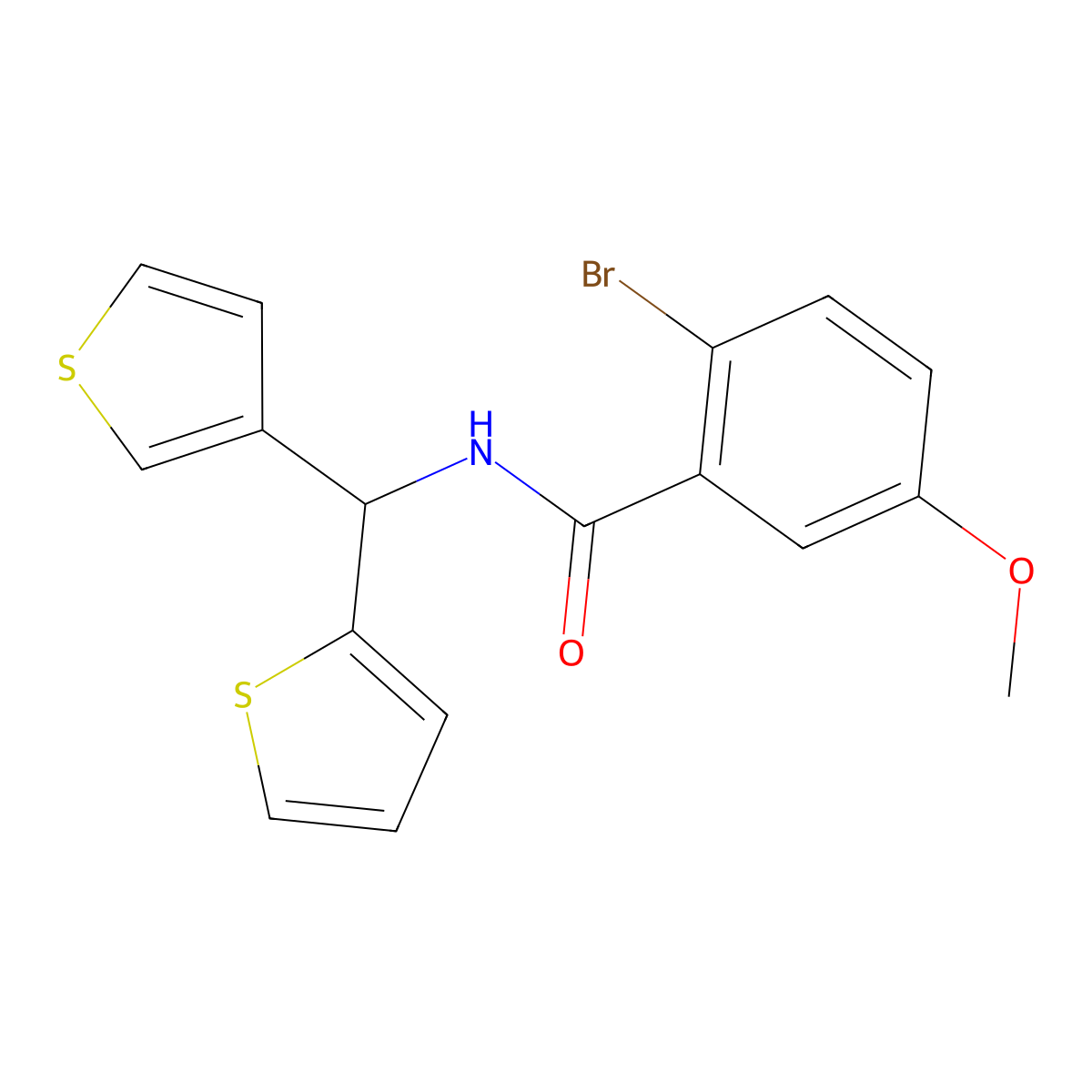2-bromo-5-methoxy-N-(thiophen-2-yl(thiophen-3-yl)methyl)benzamide molecular structure, CAS 2034332-78-8