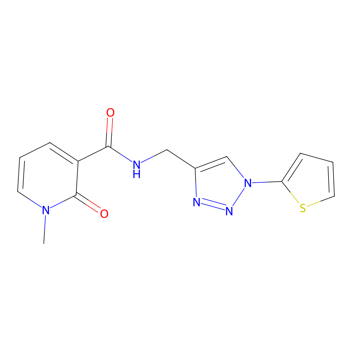 1-methyl-2-oxo-N-{[1-(thiophen-2-yl)-1H-1,2,3-triazol-4-yl]methyl}-1,2-dihydropyridine-3-carboxamide molecular structure, CAS 2034332-82-4