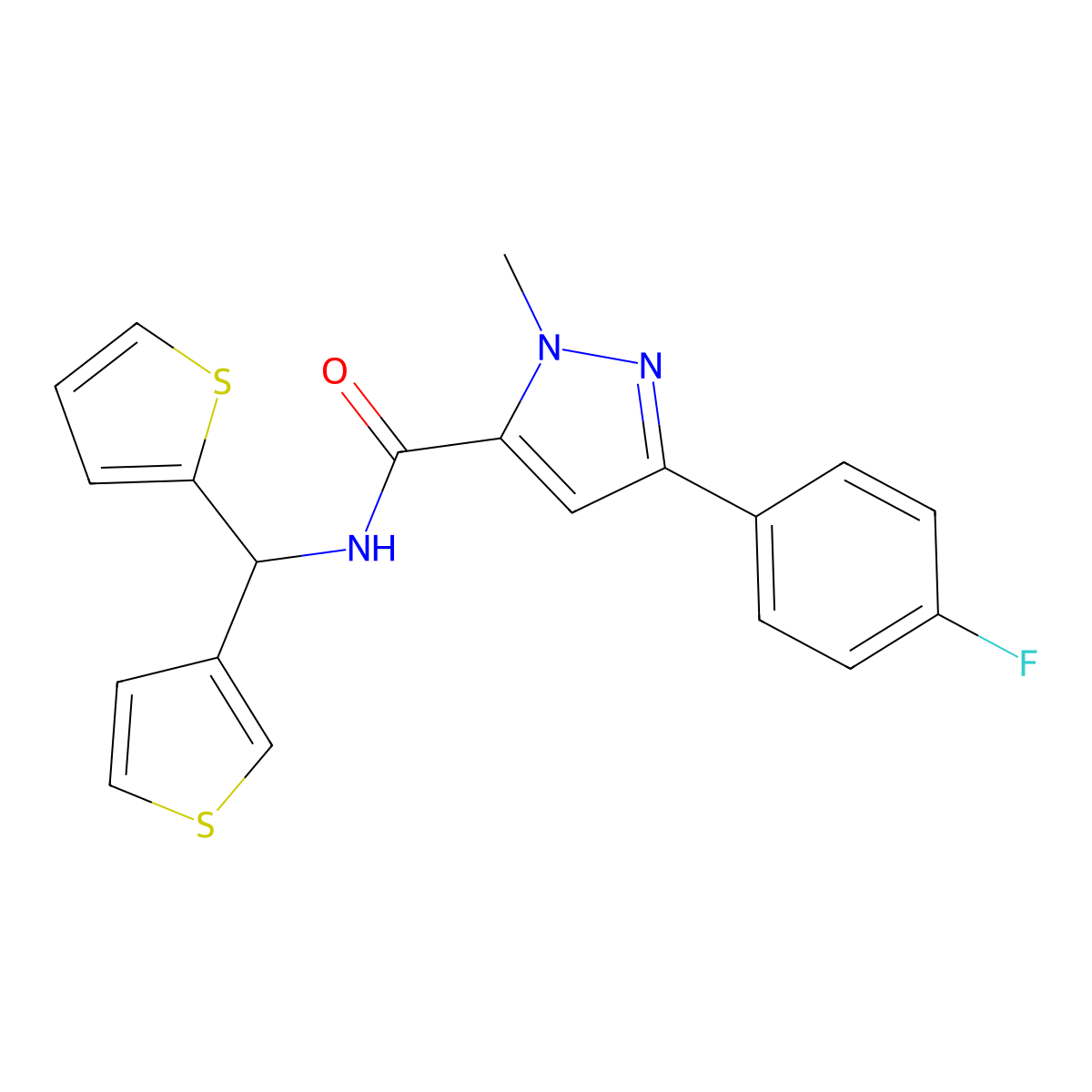 3-(4-fluorophenyl)-1-methyl-N-(thiophen-2-yl(thiophen-3-yl)methyl)-1H-pyrazole-5-carboxamide molecular structure, CAS 2034332-91-5