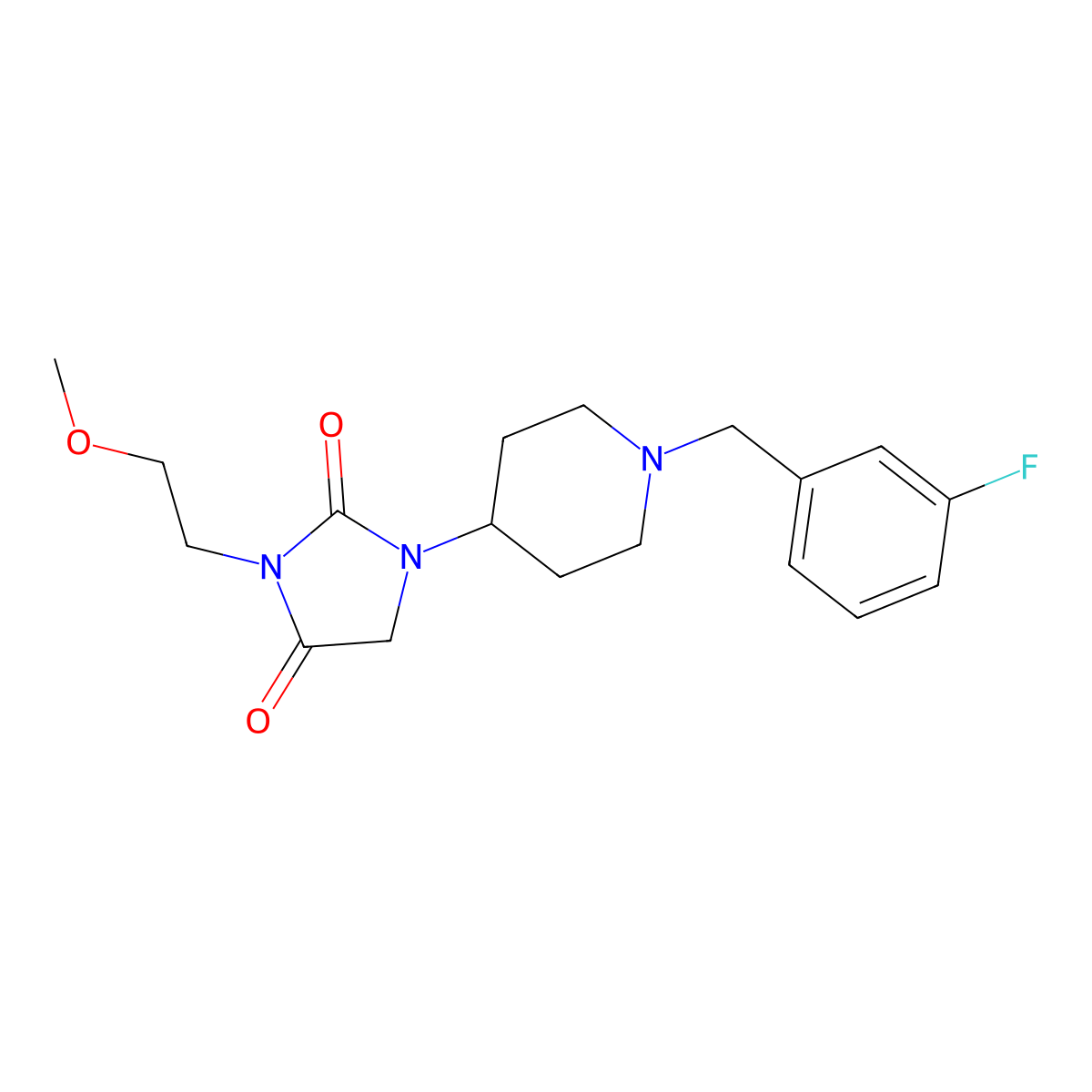 1-(1-(3-Fluorobenzyl)piperidin-4-yl)-3-(2-methoxyethyl)imidazolidine-2,4-dione molecular structure, CAS 2034332-94-8