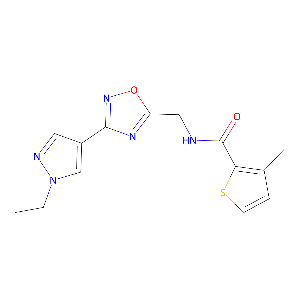 N-{[3-(1-ethyl-1H-pyrazol-4-yl)-1,2,4-oxadiazol-5-yl]methyl}-3-methylthiophene-2-carboxamide molecular structure, CAS 2034332-95-9