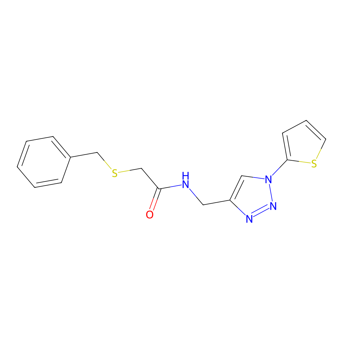 2-(benzylthio)-N-((1-(thiophen-2-yl)-1H-1,2,3-triazol-4-yl)methyl)acetamide molecular structure, CAS 2034332-98-2