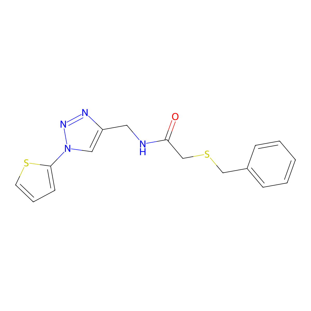 2-(benzylthio)-N-((1-(thiophen-2-yl)-1H-1,2,3-triazol-4-yl)methyl)acetamide molecular structure, CAS 2034332-98-2